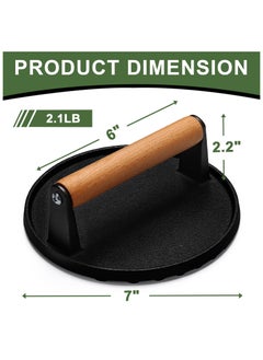 Anmi Burger Press, 7" Round Heavy-Duty Cast Iron Smash Bacon Press Meat Steak with Wood Handle for Griddle, Sandwich, Nonstick Pan  - Image 2