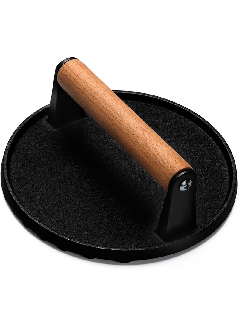 Anmi Burger Press, 7" Round Heavy-Duty Cast Iron Smash Bacon Press Meat Steak with Wood Handle for Griddle, Sandwich, Nonstick Pan  - Image 1