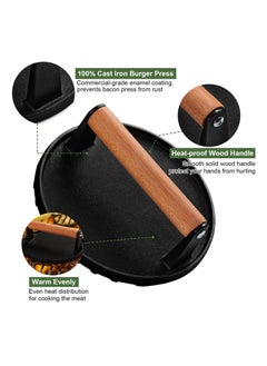 Anmi Burger Press, 7" Round Heavy-Duty Cast Iron Smash Bacon Press Meat Steak with Wood Handle for Griddle, Sandwich, Nonstick Pan  - Image 3