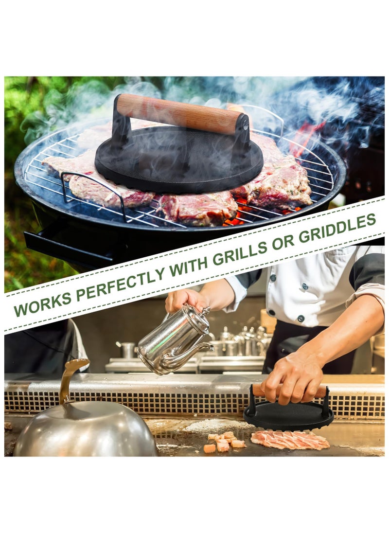 Anmi - Burger Press, 7" Round Heavy-Duty Cast Iron Smash Bacon Press Meat Steak with Wood Handle for Griddle, Sandwich, Nonstick Pan - Image 1