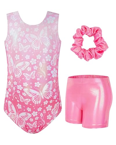 JiAmy Gymnastics Leotards for Girls, Sleeveless Sparkly Dance Biketards with Shorts Ballet Tumbling Outfit Pink Butterfly 5-6 years - Image 1