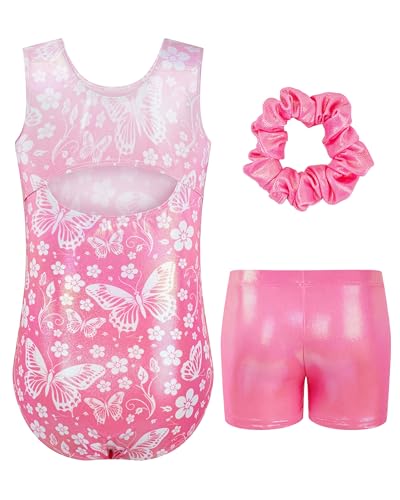 JiAmy Gymnastics Leotards for Girls, Sleeveless Sparkly Dance Biketards with Shorts Ballet Tumbling Outfit Pink Butterfly 5-6 years - Image 2