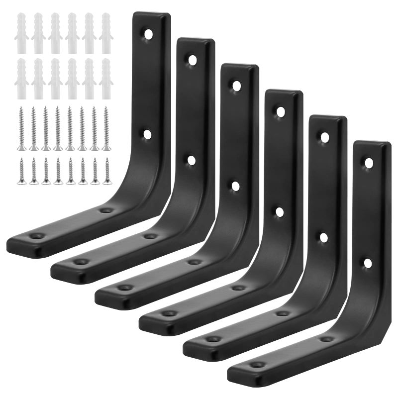 HARSKIYER 6pcs Black Metal Shelf Support Angle L Brackets 4 x 4 Inch Wall Mounted Floating Shelf Brackets Heavy Duty L Shape Corner Brace Shelf Support for Shelves with Mounting Accessories - Image 2