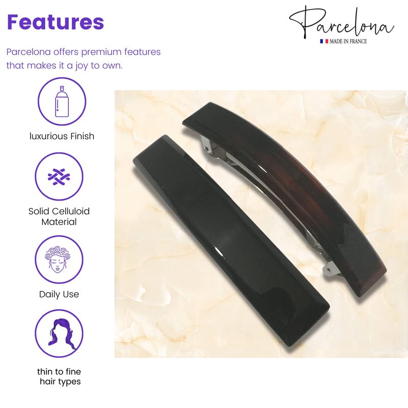 Parcelona French Bar Set of 2 Black and Shell Brown Celluloid Automatic Strong Hold Grip Hair Clips for Women No Slip Durable Hair Clip Barrette Styling Paris Hair Accessories, Made in France (Large) - Image 2