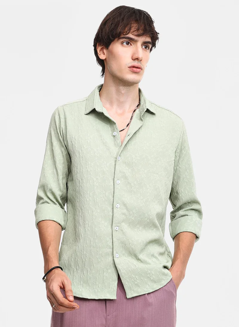 كامبوس سوترا قميص رجالي أخضر أفوكادو بنقوش زهور بياقة عادية وأكمام طويلة