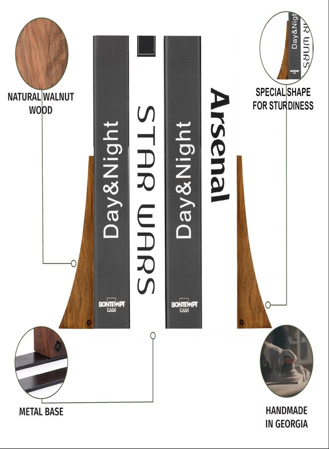 TILISMA Walnut Bookends for Shelves | Wooden Book Ends for Shelves | Sturdy Book Holders, Stoppers with Metal Base for Bookshelves | Slick Decorative Bookends Stands Firmly on Bookshelf (Pair) - Image 5