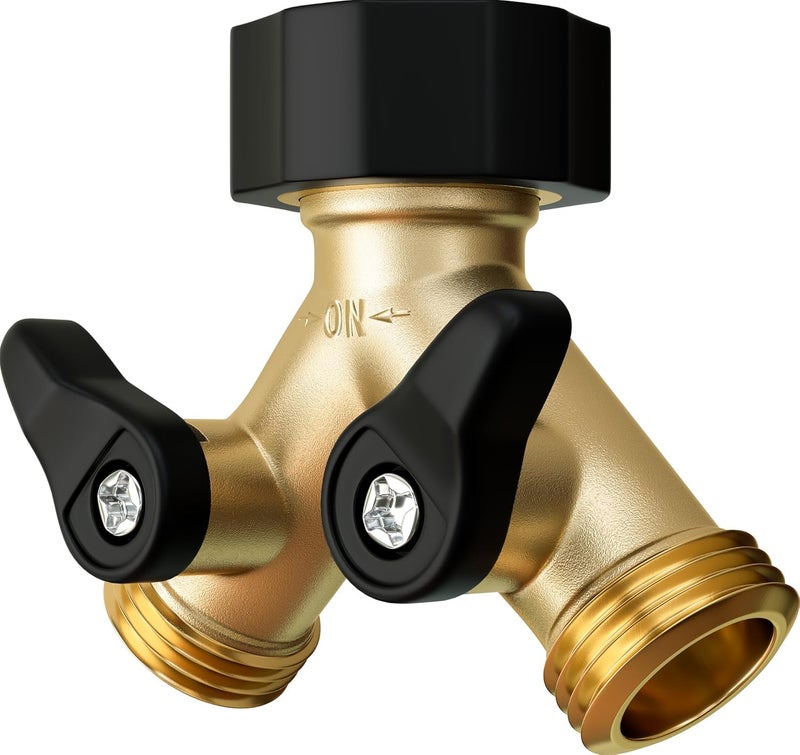 DBR Tech ® Heavy Duty 2 Way Hose Splitter (Premium Brass for Superior Durability), Wye Garden Hoses Connector for Water Spigot Faucet Bib Tap, Double Shut Off Valve, Y Adapter, Rust-Resistant Finish - Image 1