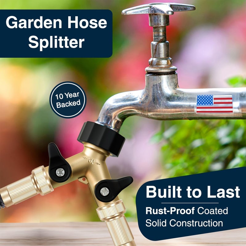 DBR Tech ® Heavy Duty 2 Way Hose Splitter (Premium Brass for Superior Durability), Wye Garden Hoses Connector for Water Spigot Faucet Bib Tap, Double Shut Off Valve, Y Adapter, Rust-Resistant Finish - Image 2