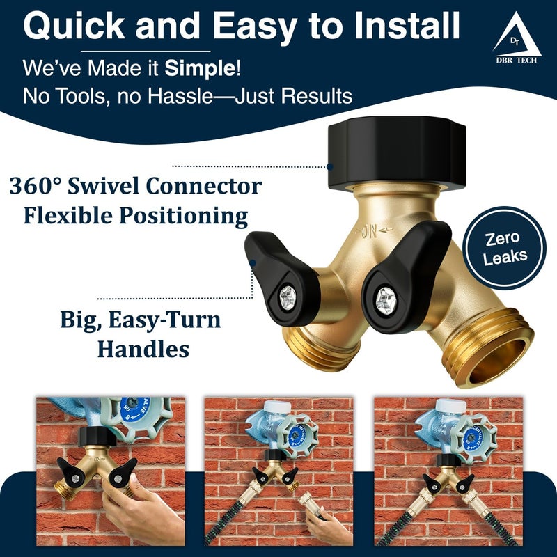 DBR Tech ® Heavy Duty 2 Way Hose Splitter (Premium Brass for Superior Durability), Wye Garden Hoses Connector for Water Spigot Faucet Bib Tap, Double Shut Off Valve, Y Adapter, Rust-Resistant Finish - Image 3