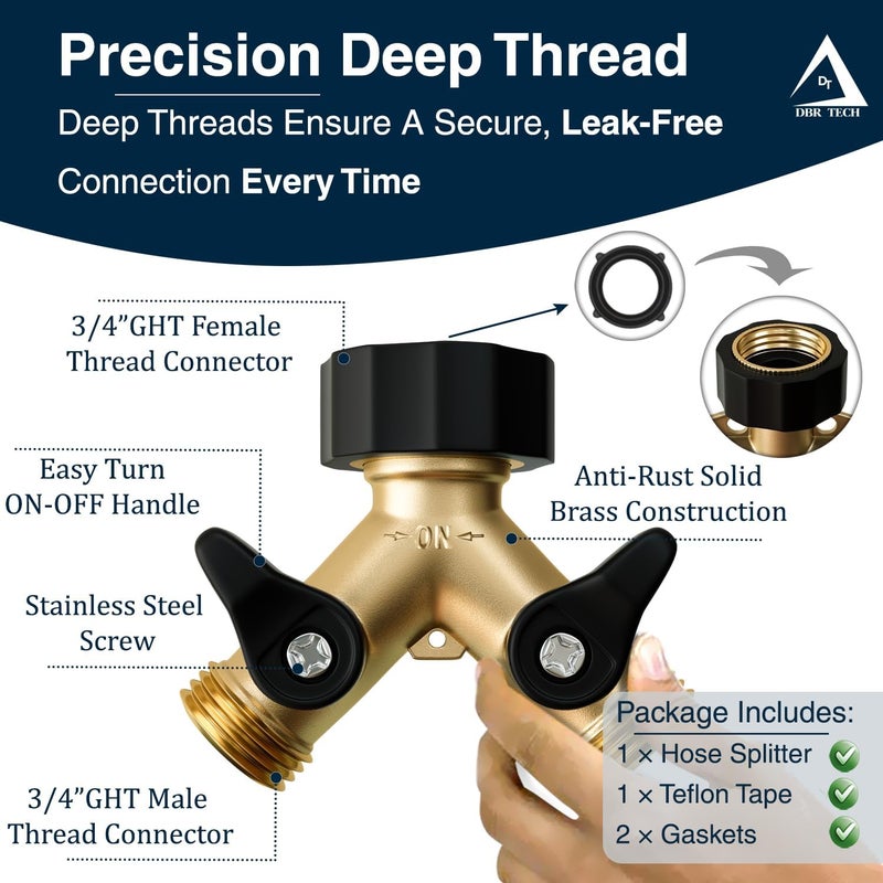 DBR Tech ® Heavy Duty 2 Way Hose Splitter (Premium Brass for Superior Durability), Wye Garden Hoses Connector for Water Spigot Faucet Bib Tap, Double Shut Off Valve, Y Adapter, Rust-Resistant Finish - Image 5