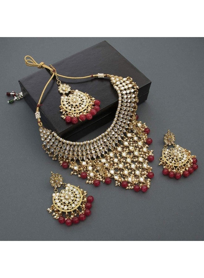 Peora Kundan Studded Choker Necklace Chandbali Earrings and Maangtikka Ethnic Jewellery Set for Women - Image 3
