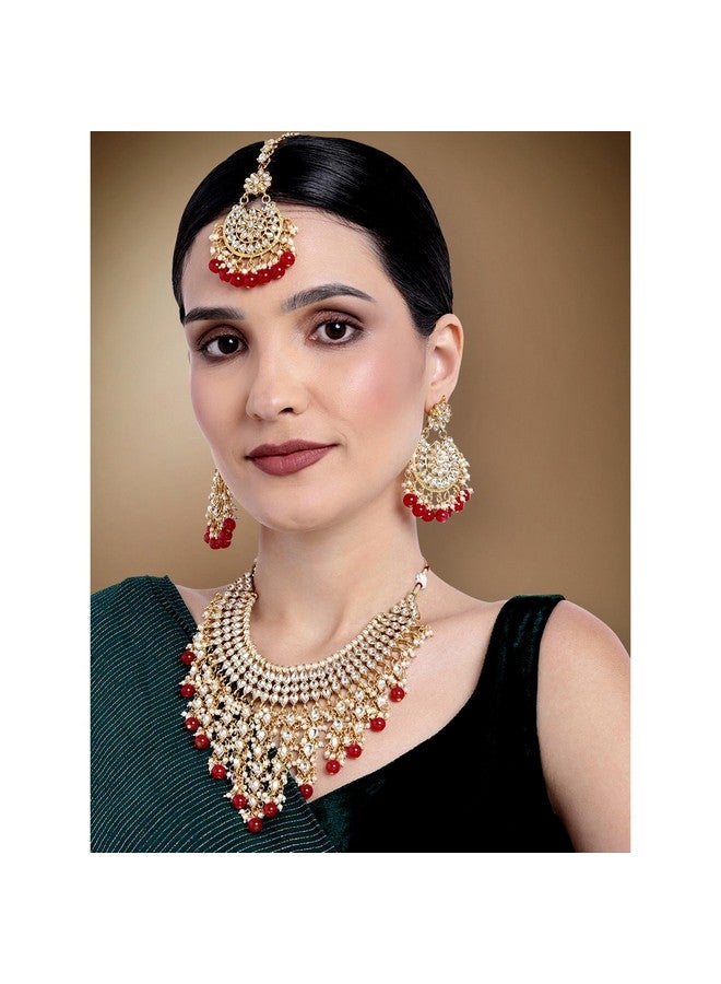 Peora Kundan Studded Choker Necklace Chandbali Earrings and Maangtikka Ethnic Jewellery Set for Women - Image 2