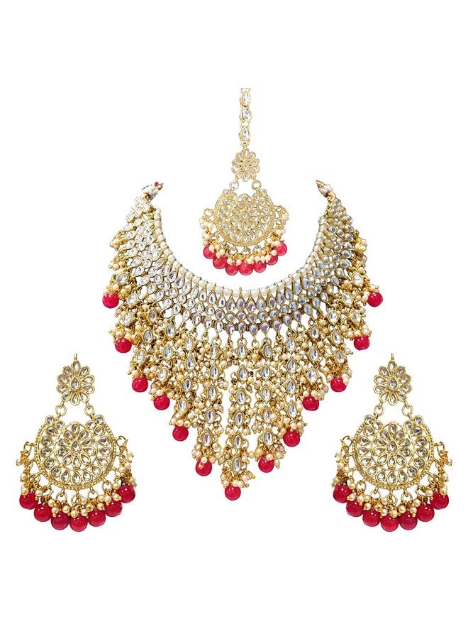 Peora Kundan Studded Choker Necklace Chandbali Earrings and Maangtikka Ethnic Jewellery Set for Women - Image 1