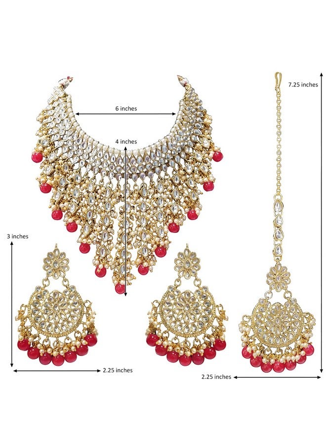 Peora Kundan Studded Choker Necklace Chandbali Earrings and Maangtikka Ethnic Jewellery Set for Women - Image 4