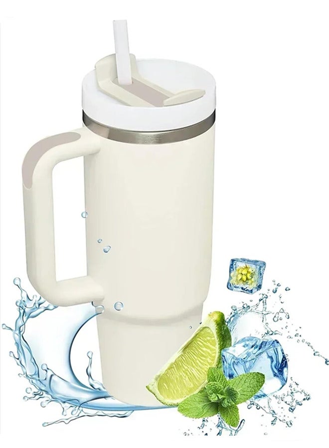 40 OZ Tumbler with Handle and Straw,Stainless Steel Vacuum Insulated Water Bottles Travel Mug Iced Coffee Cup for Home, Office or Car,Keep Hot/Cold for Hours (Cream) - Image 1