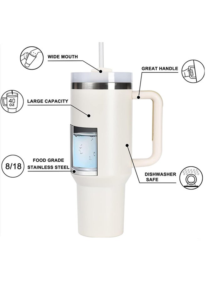 40 OZ Tumbler with Handle and Straw,Stainless Steel Vacuum Insulated Water Bottles Travel Mug Iced Coffee Cup for Home, Office or Car,Keep Hot/Cold for Hours (Cream) - Image 2
