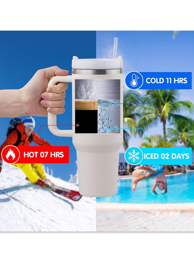 40 OZ Tumbler with Handle and Straw,Stainless Steel Vacuum Insulated Water Bottles Travel Mug Iced Coffee Cup for Home, Office or Car,Keep Hot/Cold for Hours (Cream) - Image 3