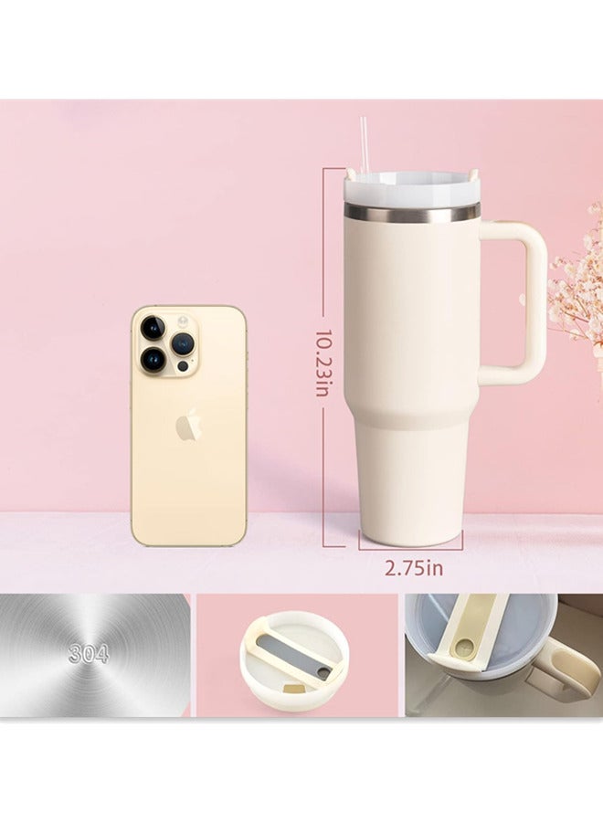 40 OZ Tumbler with Handle and Straw,Stainless Steel Vacuum Insulated Water Bottles Travel Mug Iced Coffee Cup for Home, Office or Car,Keep Hot/Cold for Hours (Cream) - Image 4