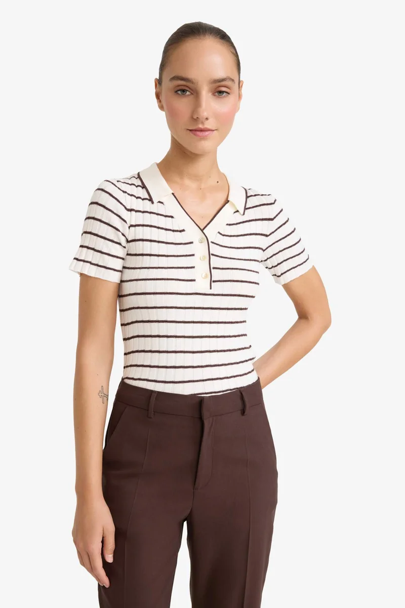 Defacto Slim Fit Polo Collar Striped Knitwear Pullover