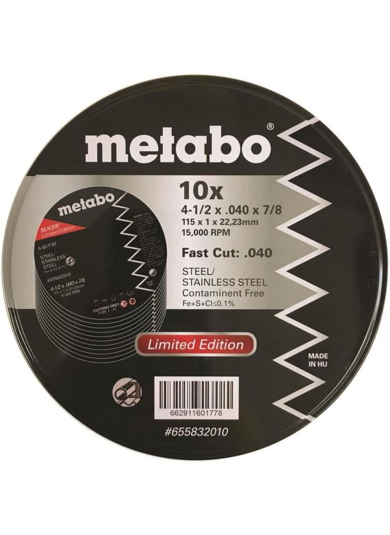 Metabo Metabo  Application SteelStainless Steel  Slicer Wheel Promo Tin 45X040x78 A60T Pk 10 655832010 Type 1 Slicer Wheels  - Image 1