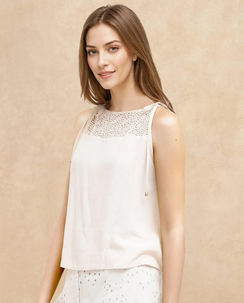 Rareism Women's Elegant Lace Detail Top With Strap Tie-Up