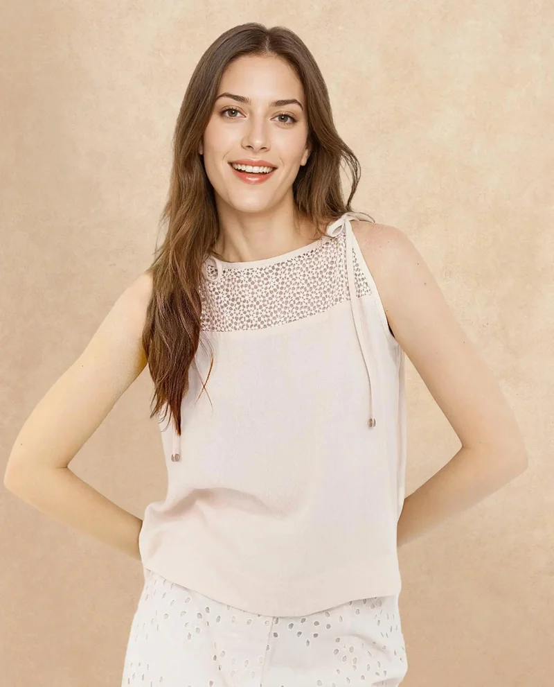 Rareism Women's Elegant Lace Detail Top With Strap Tie-Up