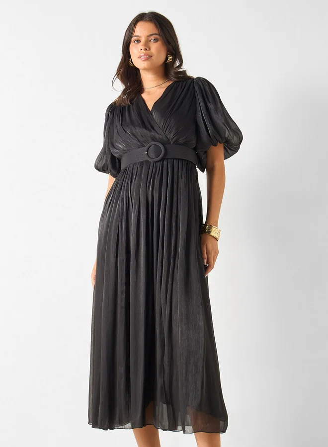 2Xtremz 2Xtremz Textured V-Neck Midi Dress with Puff Sleeves