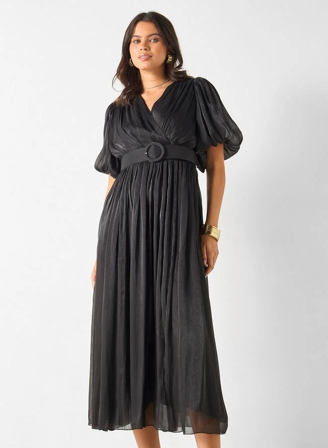 2Xtremz 2Xtremz Textured V-Neck Midi Dress with Puff Sleeves