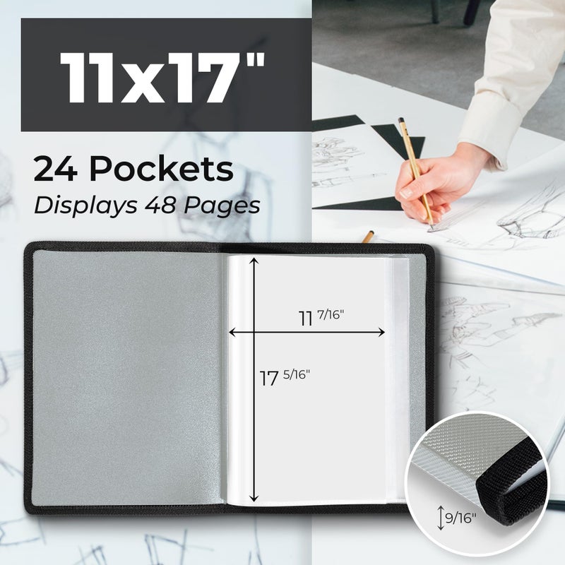 Dunwell 11x17 Art Portfolio Binder with Black Mounting Paper (Silver), Large Portfolio Folder for Artwork Storage, 24 Clear Plastic Sleeves, Displays 48 Pages, Acid-Free Poly 11 x 17 Presentation Book - Image 2
