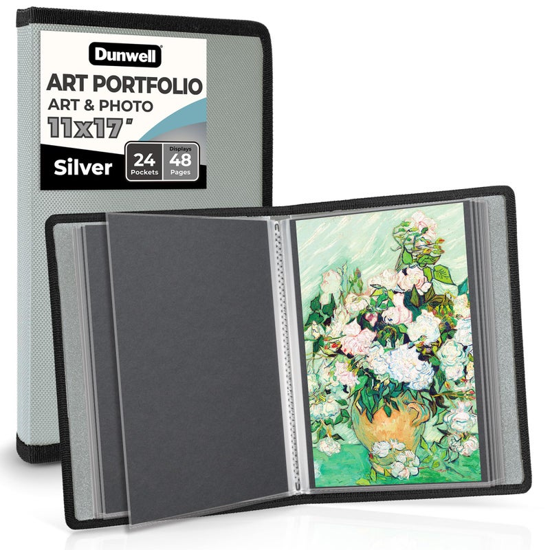 Dunwell 11x17 Art Portfolio Binder with Black Mounting Paper (Silver), Large Portfolio Folder for Artwork Storage, 24 Clear Plastic Sleeves, Displays 48 Pages, Acid-Free Poly 11 x 17 Presentation Book - Image 1