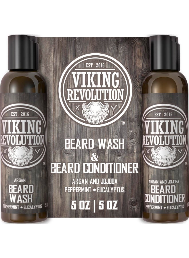 Viking Revolution مجموعة العناية باللحية من فايكنغ ريفولوشن مع زيوت الأركان والجو جوبا - يلين، ينعم ويغذي نمو شعر الوجه - غسول وبلسم برائحة النعناع والأوكاليبتوس (5 أوقيات) - Image 1