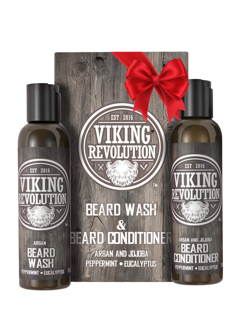 Viking Revolution - Viking Revolution Beard Care Set with Argan & Jojoba Oils - Softens, Smooths & Nourishes Facial Hair Growth - Peppermint and Eucalyptus Scented Wash & Conditioner (5 oz) - Image 1