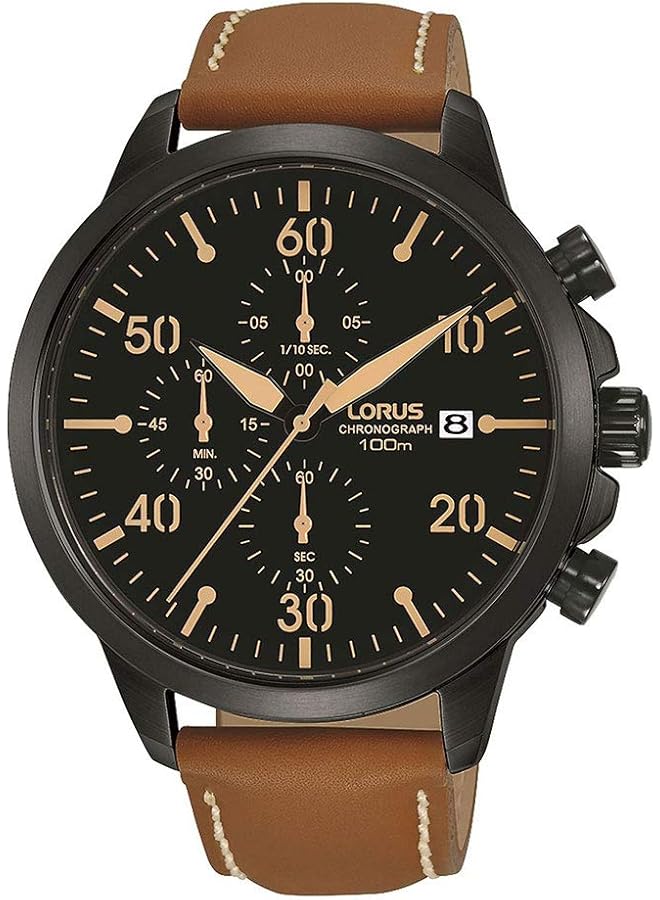 لوراس Rm349Ex9 ساعة رياضية كوارتز مقاومة للماء حتى عمق 100 متر كرونوغراف سوداء اللون مع حزام جلدي بني