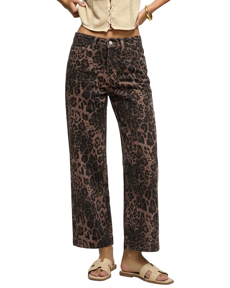 luvamia Wide Leg Jeans Woman Trendy High Waisted Leopard Cheetah Print Brown Pants Women Ankle Length Stretchy Ladies Jeans Cowboy for Women Fall Wide Leg Brown Leopard Size Large 12 to 14 - Image 1