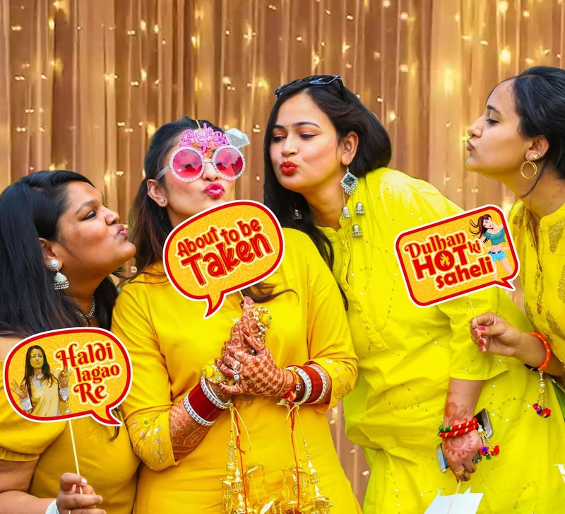 Zyozique ® Haldi Ceremony Photo Booth Props, Haldi Props for Bride and Family,Bride to Be Decorations Kit - Photo Booth Props & Rice Light (Pack of 23) - Image 5