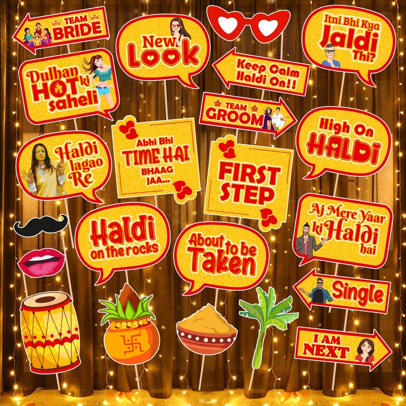 Zyozique ® Haldi Ceremony Photo Booth Props, Haldi Props for Bride and Family,Bride to Be Decorations Kit - Photo Booth Props & Rice Light (Pack of 23) - Image 1