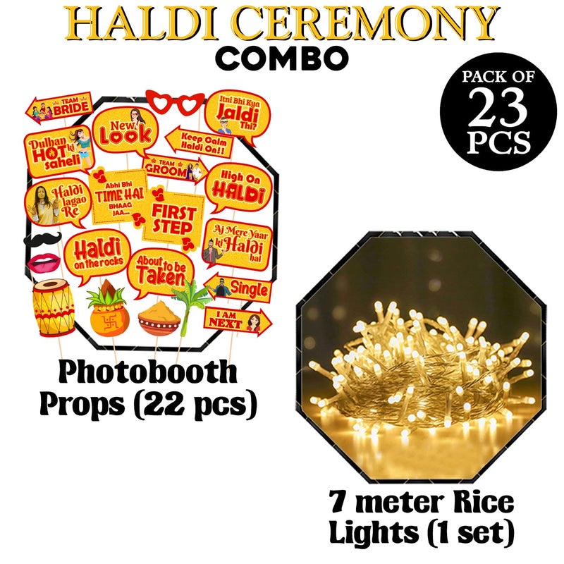 Zyozique ® Haldi Ceremony Photo Booth Props, Haldi Props for Bride and Family,Bride to Be Decorations Kit - Photo Booth Props & Rice Light (Pack of 23) - Image 2