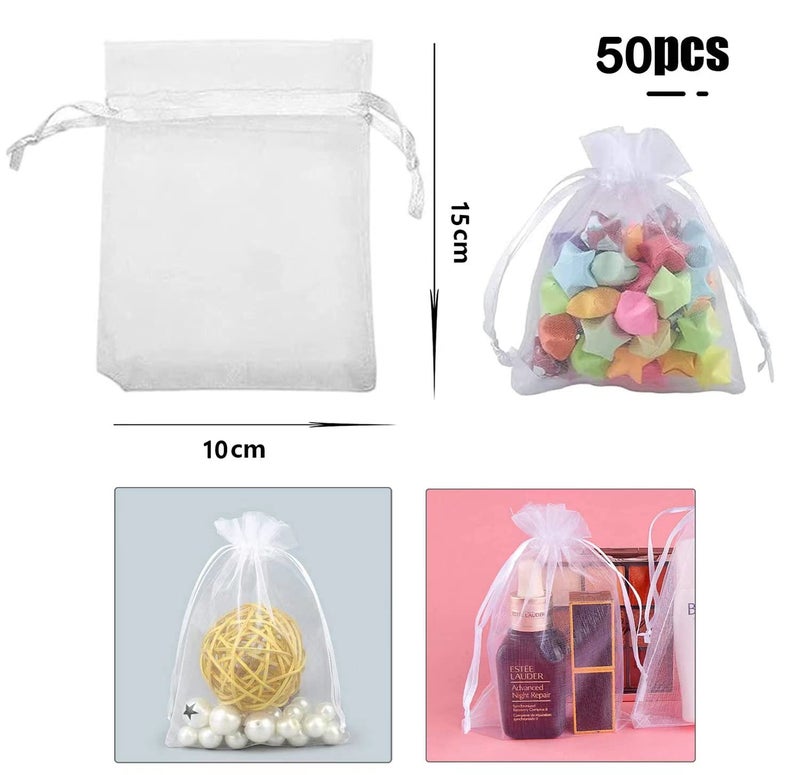 Intckwan Pack of 50 White Organza Bags, 10 x 15 cm, Wedding, Party, Gift Bags with Satin Drawstring - Image 2
