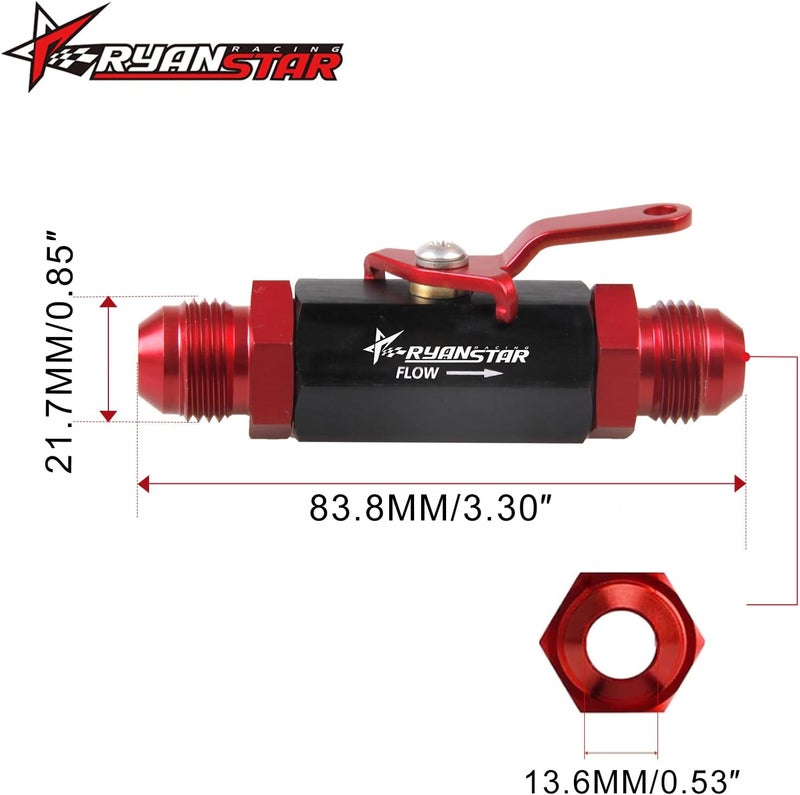 RYANSTAR RACING صمام إغلاق الوقود Ryanstar AN6 6AN إلى 6AN تركيب ذكر من الألمنيوم مؤكسد باللونين الأسود والأحمر - Image 2