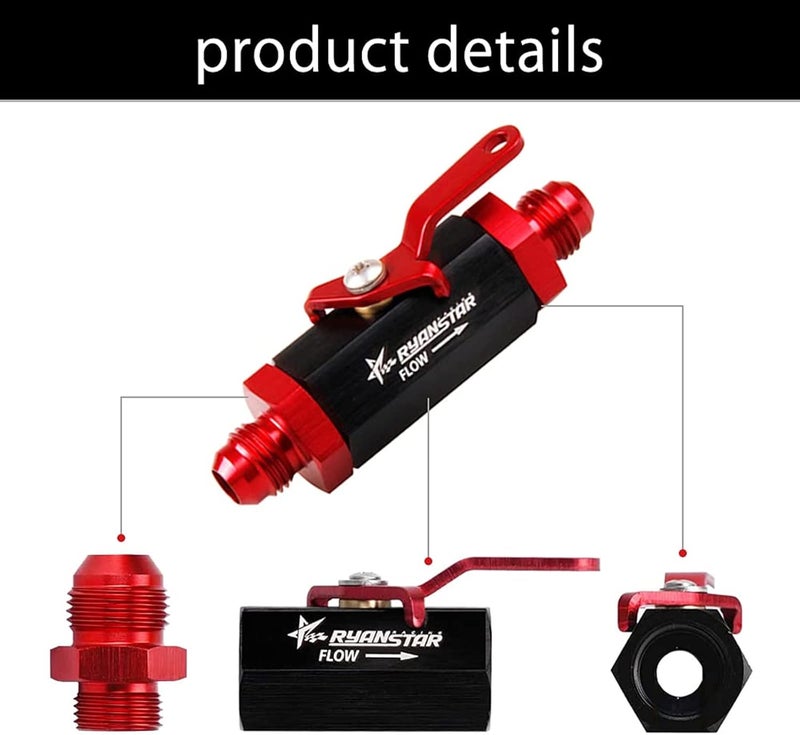 RYANSTAR RACING صمام إغلاق الوقود Ryanstar AN6 6AN إلى 6AN تركيب ذكر من الألمنيوم مؤكسد باللونين الأسود والأحمر - Image 3