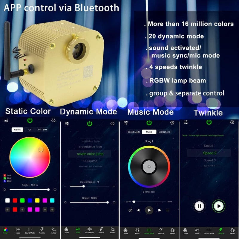 azimom Bluetooth16w Twinkle Fiber Optic Lights Star Ceiling Lighting Kits Mixed 335pcs 13.1ft Fiber Strands End Glow RGBW Music Mode Light Source Car Use Headliner Home Decor - Image 2