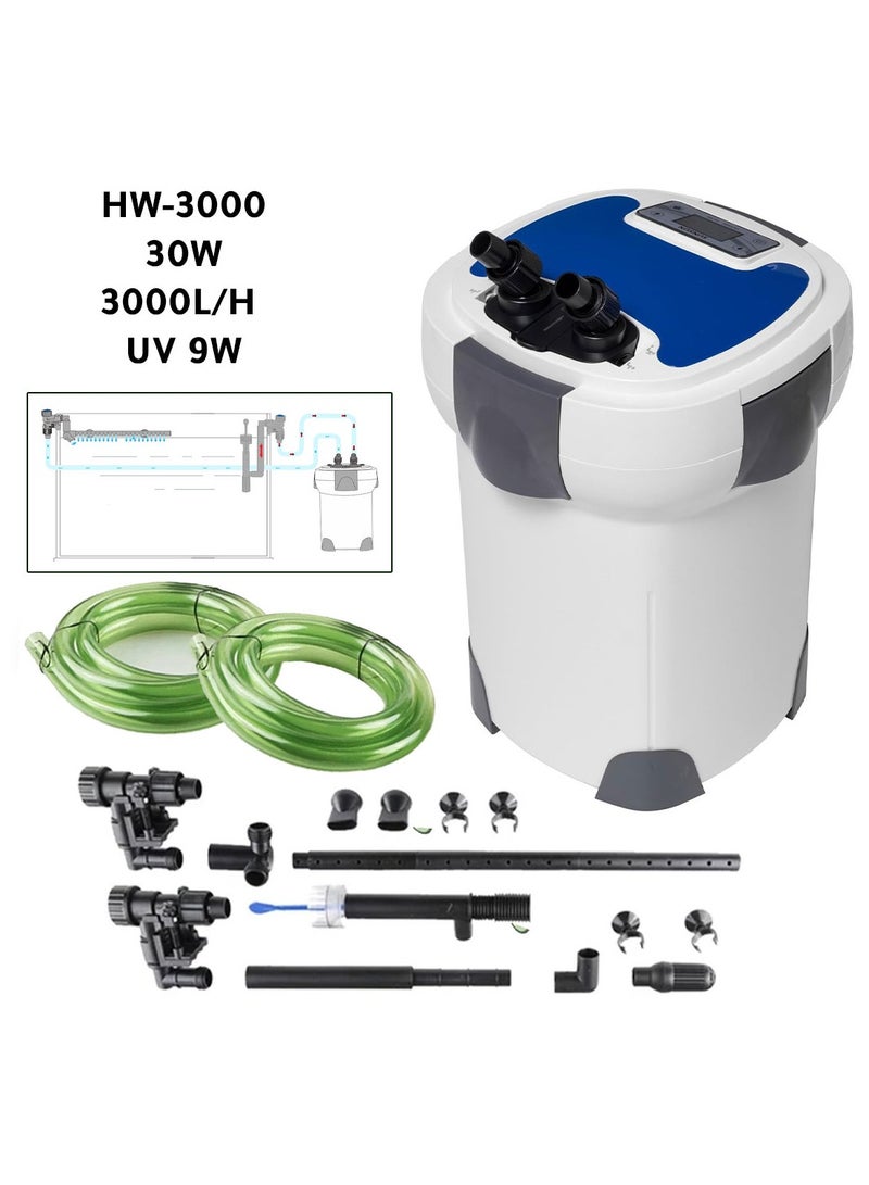 Generic High-Performance External Canister Filter with Adjustable Flow Rate (1200–3000 L/H), Built-in 9W UV Sterilizer, and LCD Display – Ideal for Ornamental Fish Tanks, Includes Full Installation Kit and Filter Media 