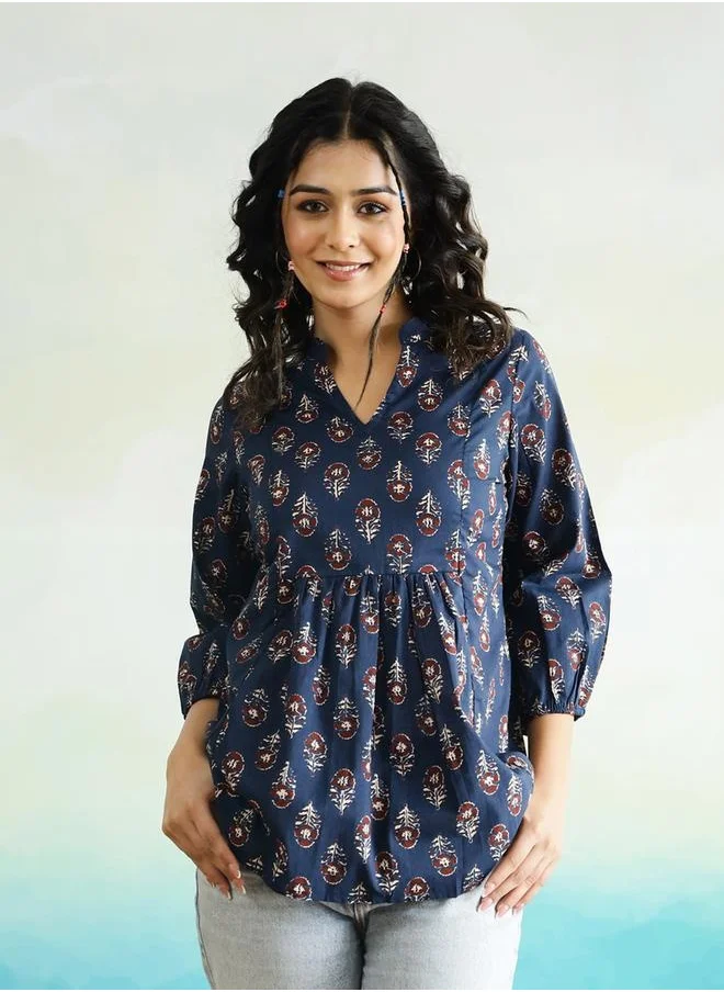 sanskrutihomes Floral Print V-Neck Ruffled Hem Cotton Top