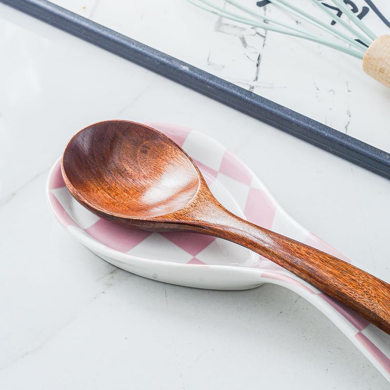 YOSCO Ceramic Spoon Rest for Stove Top, Checkered Spoon Holder Utensil Rest, Cute Spoon Rests for Coffee Bar (Pink) - Image 3