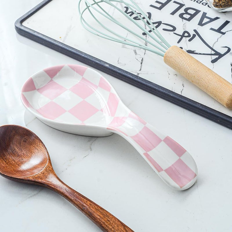 YOSCO Ceramic Spoon Rest for Stove Top, Checkered Spoon Holder Utensil Rest, Cute Spoon Rests for Coffee Bar (Pink) - Image 2
