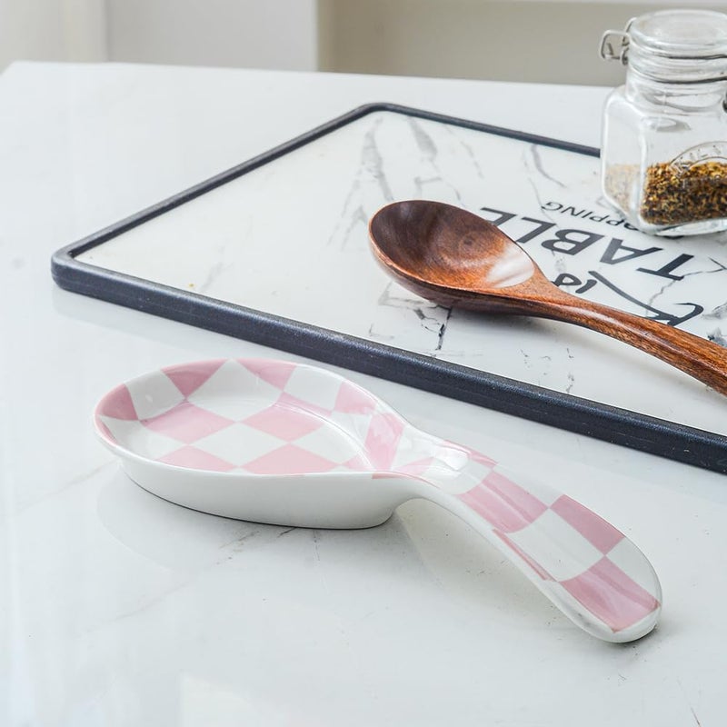 YOSCO Ceramic Spoon Rest for Stove Top, Checkered Spoon Holder Utensil Rest, Cute Spoon Rests for Coffee Bar (Pink) - Image 5