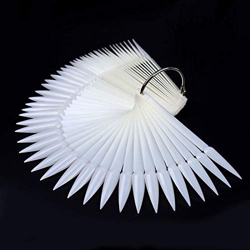 Aliotech 2 sets 100 Tips Fan Shape Plastic Nail Art Tips Display Polish board Display Practice Sticks with Metal Split Ring Holder (White) - Image 1