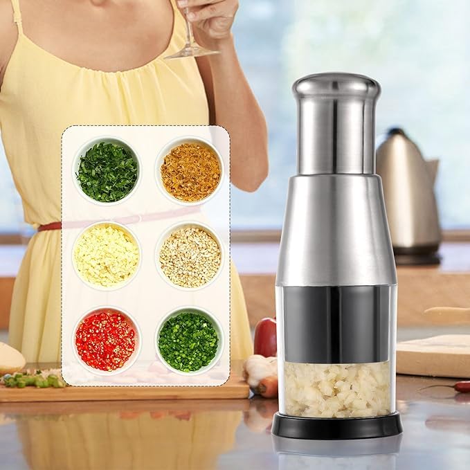 KRLZ Manual Pressed Chopper Garlic Press Garlic Crusher Stainless Steel Hand Chopper Garlic Mincer Garlic Chopper Handle Kitchen Food Mincer Gadget for Ginger Chili Black Pepper Onion Salad - Image 1