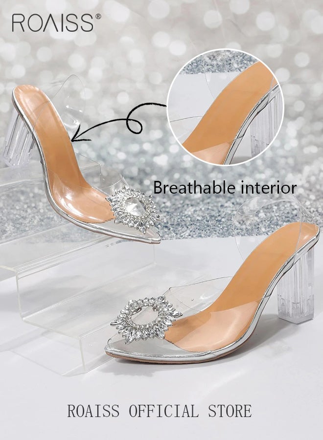 roaiss Women's Transparent Rhinestone Slingback Pointed Toe Thick High Heel Sandals Breathable Party Banquet Shoes - Image 2
