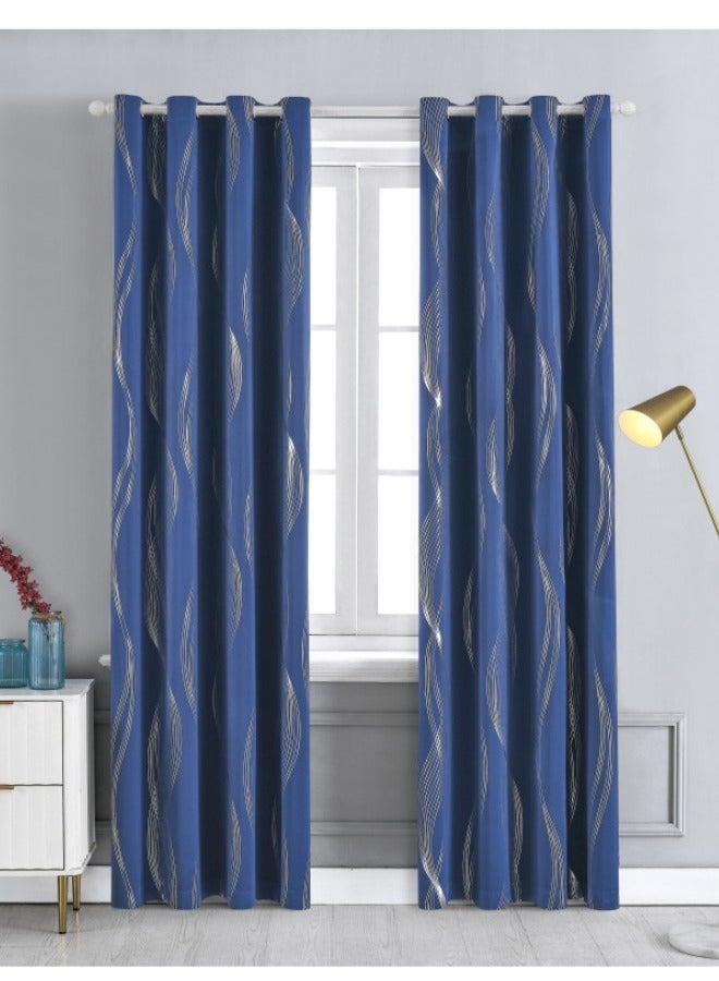 KYD Fabric Nation Curtain Light Blocking Curtains,  Silver Foil Print Thermal Insulated Room Privacy Insulated Liner Grommet Privacy Curtain Tiers 100*250cm Navy Blue - Image 1